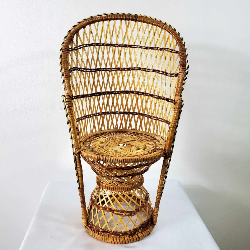 Vintage Wicker Rattan Doll Chair Boho Decor Peacock Potted Plant Stand Bohemian